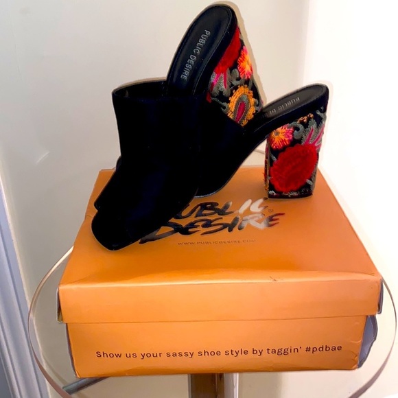 Public Desire Sian Faux Suede  raised block heels w/ beautiful embroidery 🌺🌸 - Picture 7 of 8